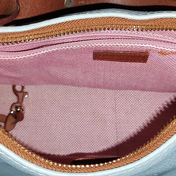 DOONEY & BOURKE ALL WEATHER LEATHER MEDIUM HOBO BAG SKY BLUE/HONEY TRIM EXC COND - Picture 9 of 14